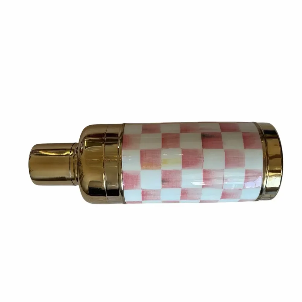 New MacKenzie-Childs Rosy Check 3260 Gold Cocktail Shaker Chic Pink Bareware